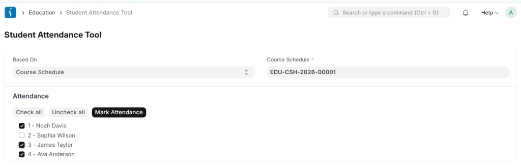 Student attendance tool in education ERP system for marking daily presence and absence
