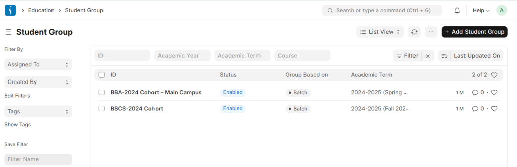 Student group module in university ERP system for grouping students by course or section