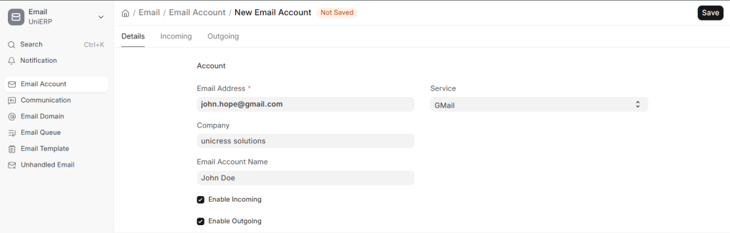 Add your email in UniERP